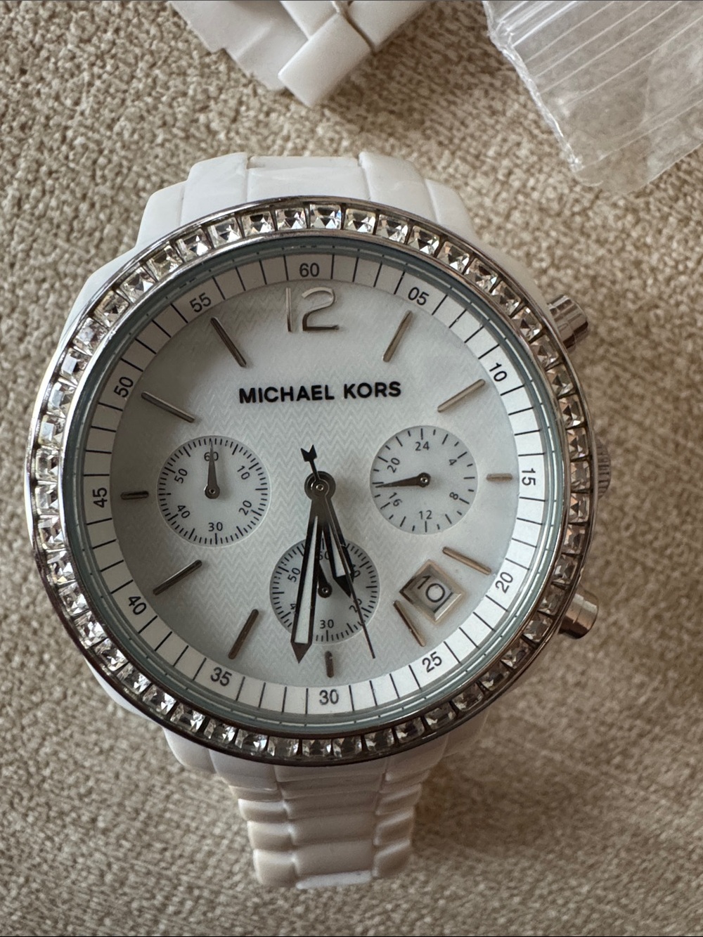 Michael Kors White and Silver Crystal-Trim Ceramic Chronograph Watch